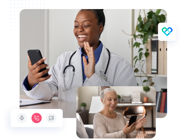Uma médica e uma paciente realizando uma consulta à distância em seus celulares, ambas sorrindo
